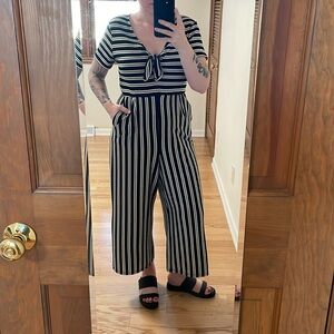 Black and White Stripe Wide Leg Crop Length Jumpsuit with pockets!